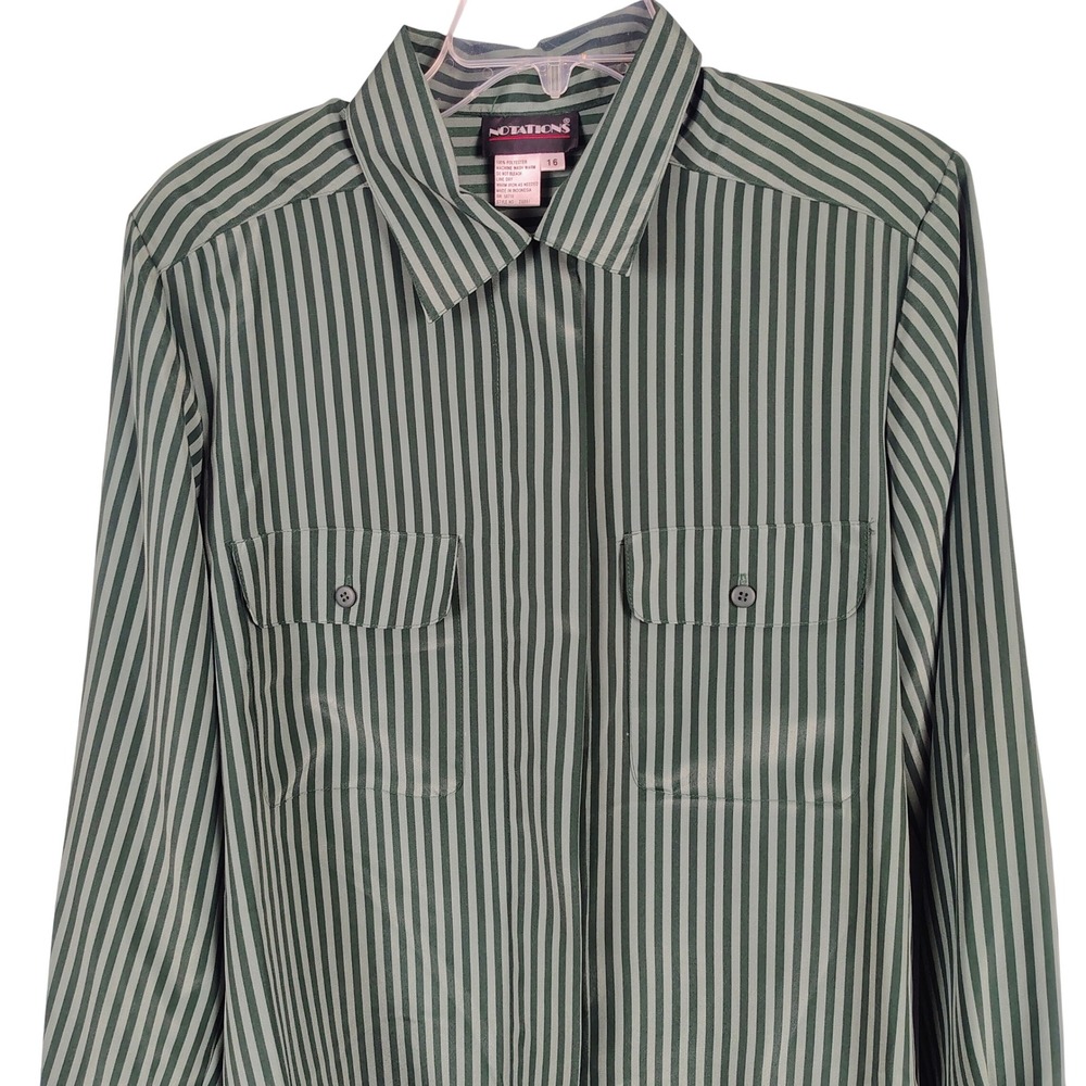 NWT Notations Womens SZ 16 Striped Button Front Blouse Green Dark Academia 28861